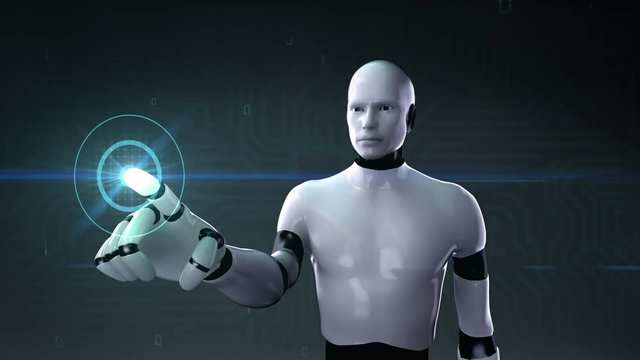 Robot, cyborg touching 3 points in digital interface background 4K size movie.
