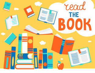 Close and open books in different positions with bubble read the book. Knowledge, learning, education, relax and enjoy concept design. Vector illustration in flat style.