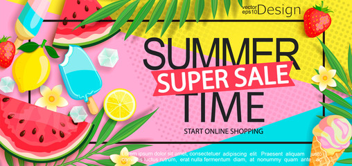 Super sale banner with gourmet food to summer time such as ice cream,watermelon,strawberries.Vector illustration template and banners, wallpaper,flyer,invitation, poster,brochure,voucher discount. © tandav