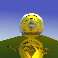 Crypto currency coin reflecting on a gold bar 3D illustration. Gradient blue sky background. Collection.