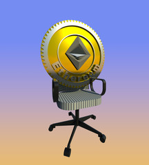 Crypto currency coin proudly sitting on an office chair 3D illustration. Who is the boss now? Gradient  background. Collection.