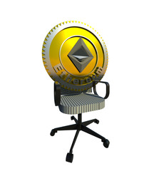 Crypto currency coin proudly sitting on an office chair 3D illustration. Who is the boss now? Isolated on white. Collection.