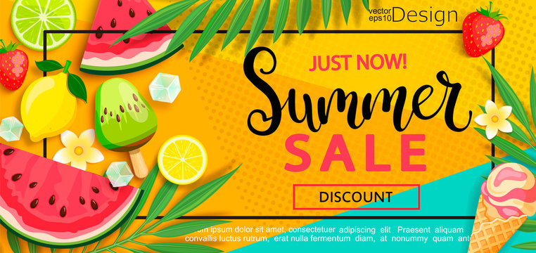Super sale flyer with gourmet food to summer time such as ice cream,watermelon,strawberries.Vector illustration template and banners, wallpaper,flyer,invitation, poster,brochure,voucher discount.