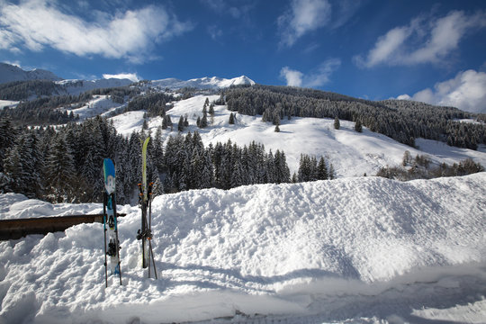 Panoramic view of Tyrollean Alps in snowy winter.