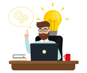 Business character working in office creating new business idea. Idea concept. Flat vector illustration.