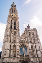 Fototapeta na wymiar Cathedral of Our Lady in Antwerp, Belgium Onze-Lieve-Vrouwekathedraal under clear blue sky in sunny good weather day in autumn