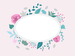 Spring flowers and leaves frame, vector illustration design template with copy space