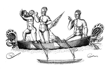 Papuan natives of Bismark archipelago off the northeastern coast of New Guinea rowing in a traditional fishing boat, vintage engraving © acrogame