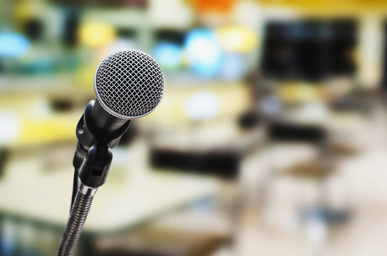 microphone in conference room with blur light background