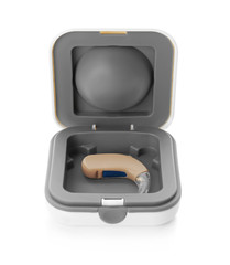 Hearing aid in box on white background
