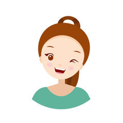 Woman's emotions - happy wink. Vector illustrations with cute cartoon girl