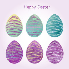 Watercolor style Easter eggs iwith waves inside n purple-yellow-green color scheme on gentle lilac background