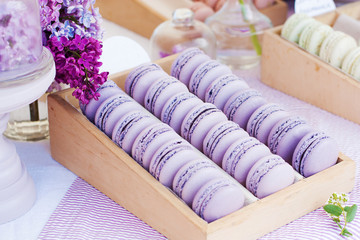 Blueberry macaroons in wooden box decorated with flowers standing on table