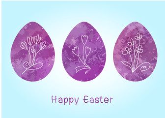 Set of Easter eggs with flowers inside, purple violet colour on a blue background.Spring holiday 