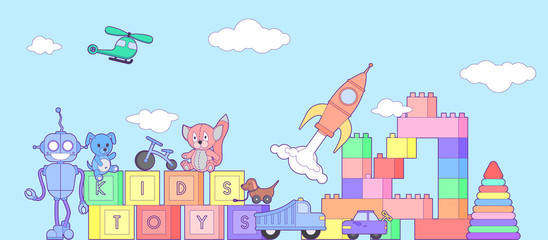 Cute kids toys banner with set of different toys for boys and girls isolated. eps10 vector illustration.