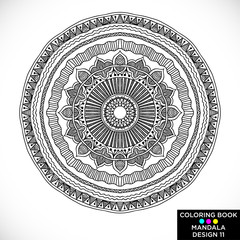 Mandala. Round floral ornament isolated on white background. Decorative design element. Black and white outline vector illustration for coloring book, print on T-shirt and other items.