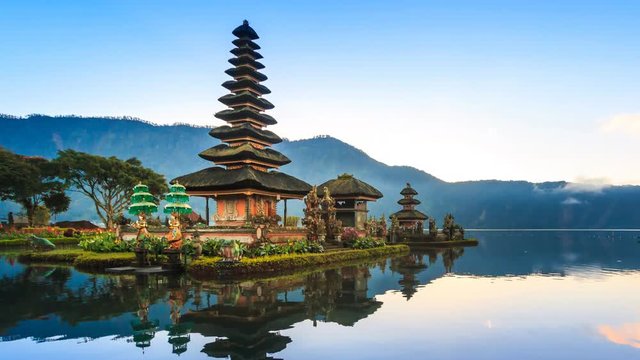 Pura Ulun Danu Bratan Temple On Water, Bali Landmark Travel Place Of Indonesia 4K Time lapse (zoom in)