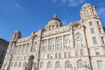 Fototapeta na wymiar Port of Liverpool. Landmarks of Pier Head district in Liverpool.