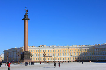 Palace Square in St. Petersburg, Russia. Alexander Column and General Staff Building Winter...