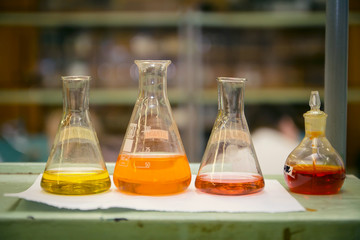 Laboratory test tubes and flasks with color liquid