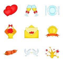 Romantic party icons set, cartoon style
