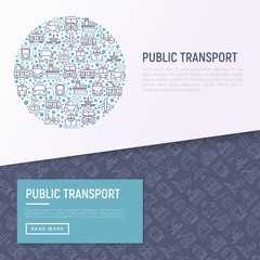 Public transport concept in circle with thin line icons: train, bus, taxi, ship, ferry, trolleybus, tram, car sharing. Front and side view. Vector illustration for banner, web page, print media.