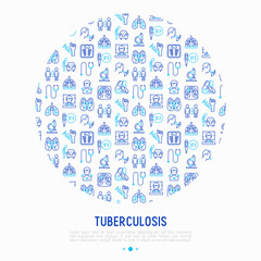 Tuberculosis concept in circle with thin line icons: infection in lungs, x-ray image, dry cough, pain in chest and shoulders, Mantoux test, weight loss. Vector illustration for banner, print media