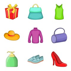 Womenswear icons set, cartoon style