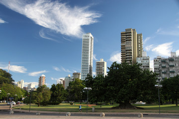 Fototapeta na wymiar osiedle mieszkalne z wyskimi blokami w mieście widziane z parku