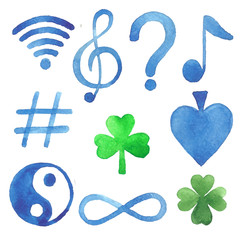 A collection of watercolor illustration of symbols and signs
