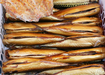 Pieces of grilled smoked mackerel fish