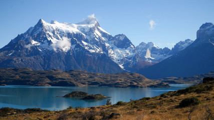 View from Mirador Pehoe towards the Mountains in Torres del Paine, Patagonia, Chile.