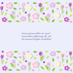 Template with flowers for party invitation, greeting card, postcard, girl birthday, Mother's Day, Woman's Day, Warm Season Card. Vector illustration.