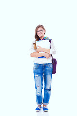 Portrait of young student woman holding exercise books. Student. University