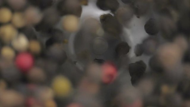 Mixed peppercorns fly after being exploded in blender. Close-up shot.