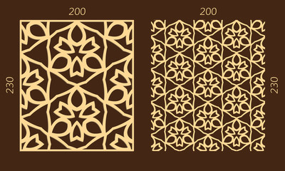 Laser cutting set. Woodcut vector trellis panel. Plywood lasercut eastern design. Hexagonal seamless pattern for printing, engraving, paper cutting. Stencil lattice ornament.