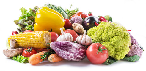 Group of colorful vegetables on white background. Close-up.