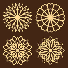 DIY laser cutting patterns. Jigsaw die cut ornaments. Islamic cutout silhouette stencils. Fretwork round panels. Vector coasters for paper cutting, scrapbook and woodcut.