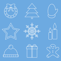 christmas line icon set, simple new year outline icon on blue background