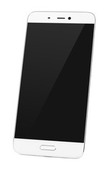 Modern white smartphone with empty black screen isolated on white background. Smart phone with clipping path