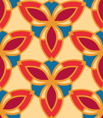 Seamless pattern morrocan ornament. Floral textile print. Islamic vector design. Oriental background with abstract flowers. Hexagonal trefoil swatch. Stained glass vitrage.