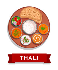 Thali. Indian national dish. Vector flat illustration.