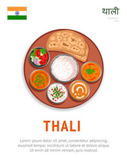 Thali. National indian dish. Vegetarian food. View from above. Vector flat illustration.