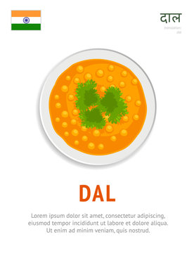 Dal. National indian dish. Vegetarian food. View from above. Vector flat illustration.