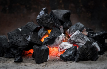 Hot coal fire ash heat burning bonfire fireplace charcoal campfire orange flames firewood grill...
