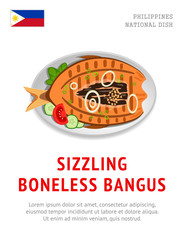 Sizzling boneless bangus. Traditional filipino dish. View from above. Vector flat illustration.