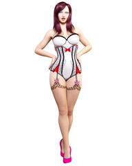 Tall sexy woman white corset and dark stockings garters.Burlesque show.Girl magnificent voluptuous shapes.Conceptual fashion art.Seductive candid pose.Realistic 3D render illustration.Studio