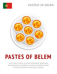 Pastel de nata. Pastel de Belém. Egg tart. National portuguese dessert. View from above. Vector flat illustration.