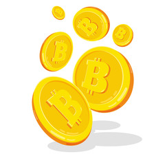 Bitcoin. 2D cartoon bit coin. Digital currency. Cryptocurrency. Golden coins with symbol isolated on white background. Stock vector illustration