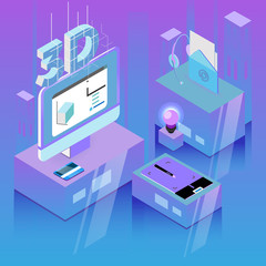 Isometric designer workplace. 3d design workplace. Vector illustration